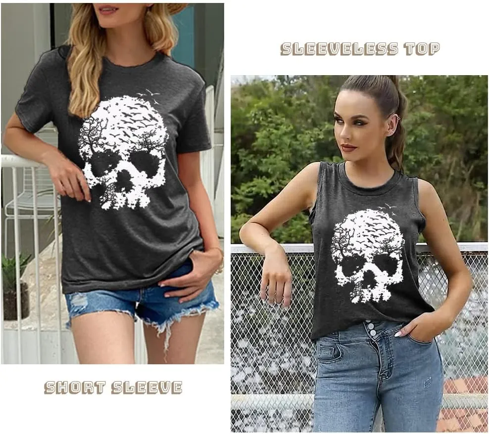 Skull Shirts for Women Funny Gothic Graphic T-Shirts Novelty Horror Tee Casual Athletic Tops