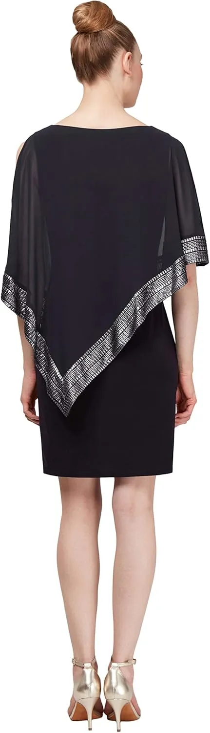 S.L. Fashions Women's Short Capelet Overlay Dress with Metallic Trim