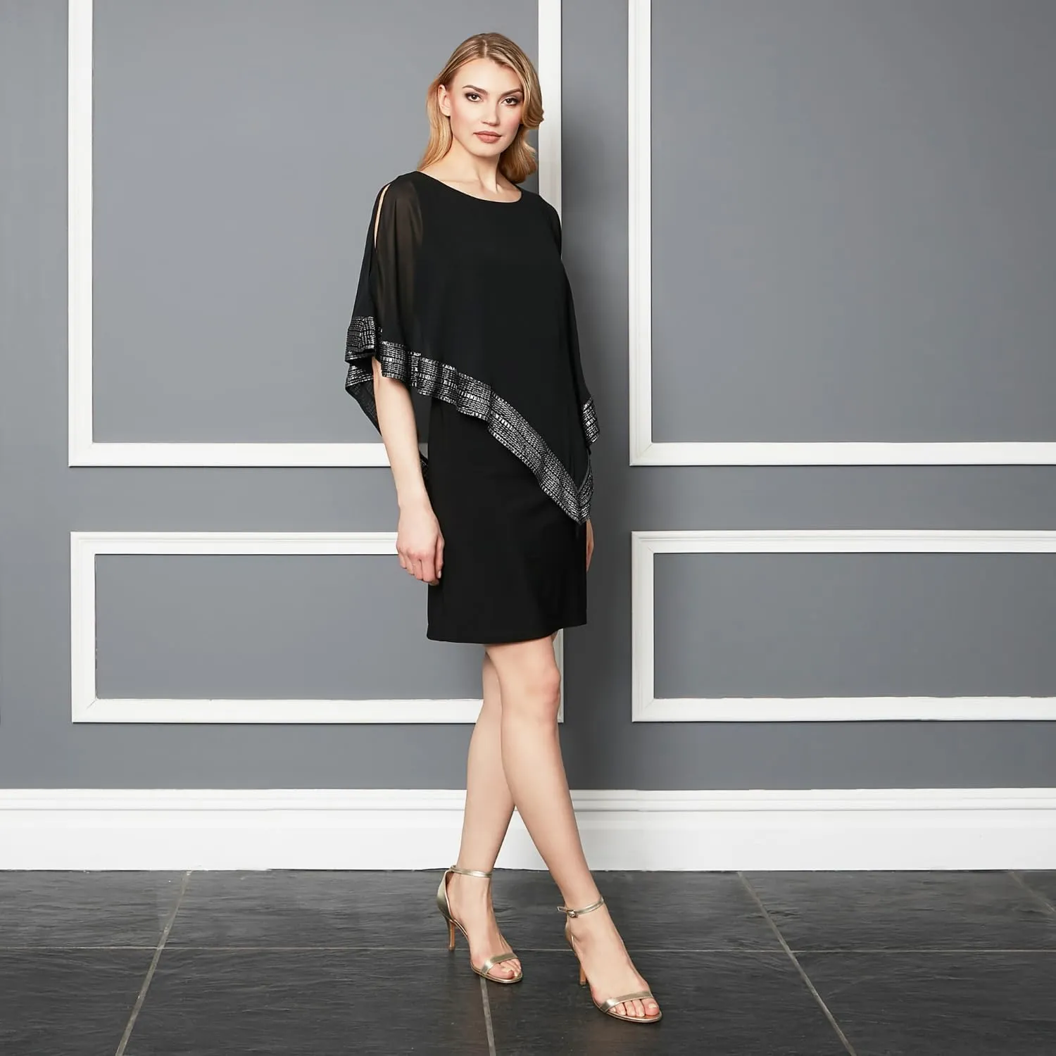 S.L. Fashions Women's Short Capelet Overlay Dress with Metallic Trim