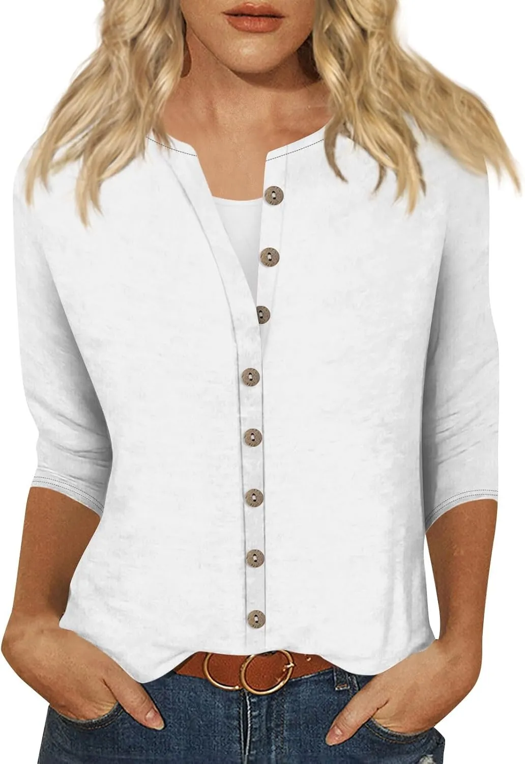 slqdgmryz Button Down Shirts for Women 3/4 Sleeve Lightweight Summer Cardigan Casual V Neck Three Quarter Length Cute Tops