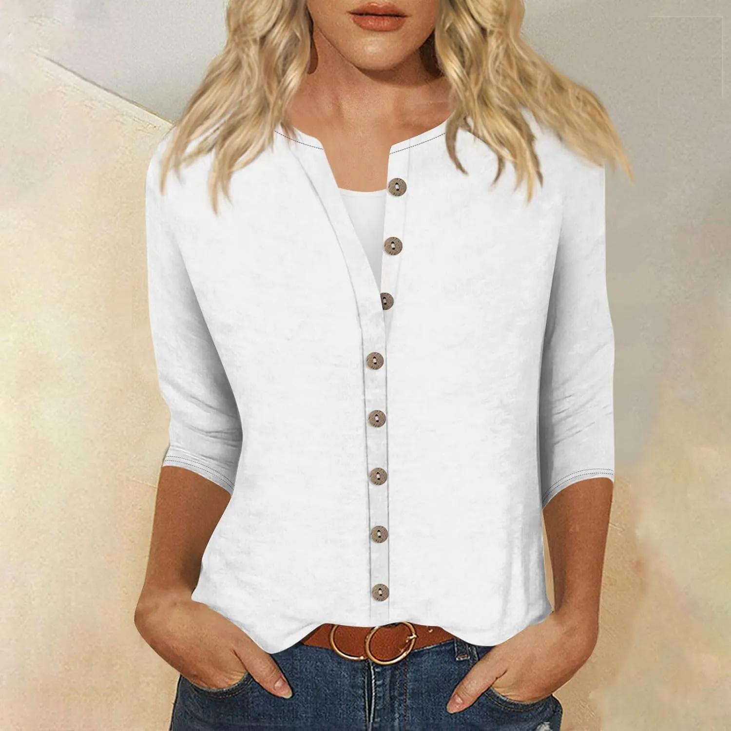 slqdgmryz Button Down Shirts for Women 3/4 Sleeve Lightweight Summer Cardigan Casual V Neck Three Quarter Length Cute Tops