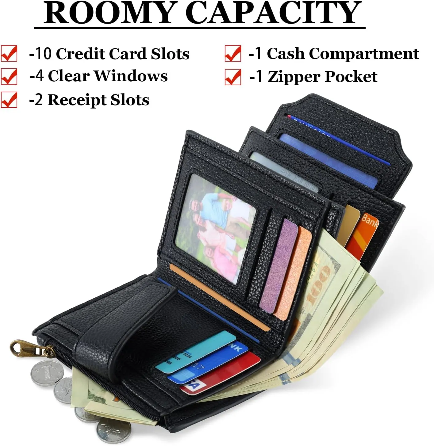 Small Wallet Women RFID Blocking Soft Leather Bifold Compact Card Holder Wallet for Women with Zipper Coin Pocket 4 ID Window