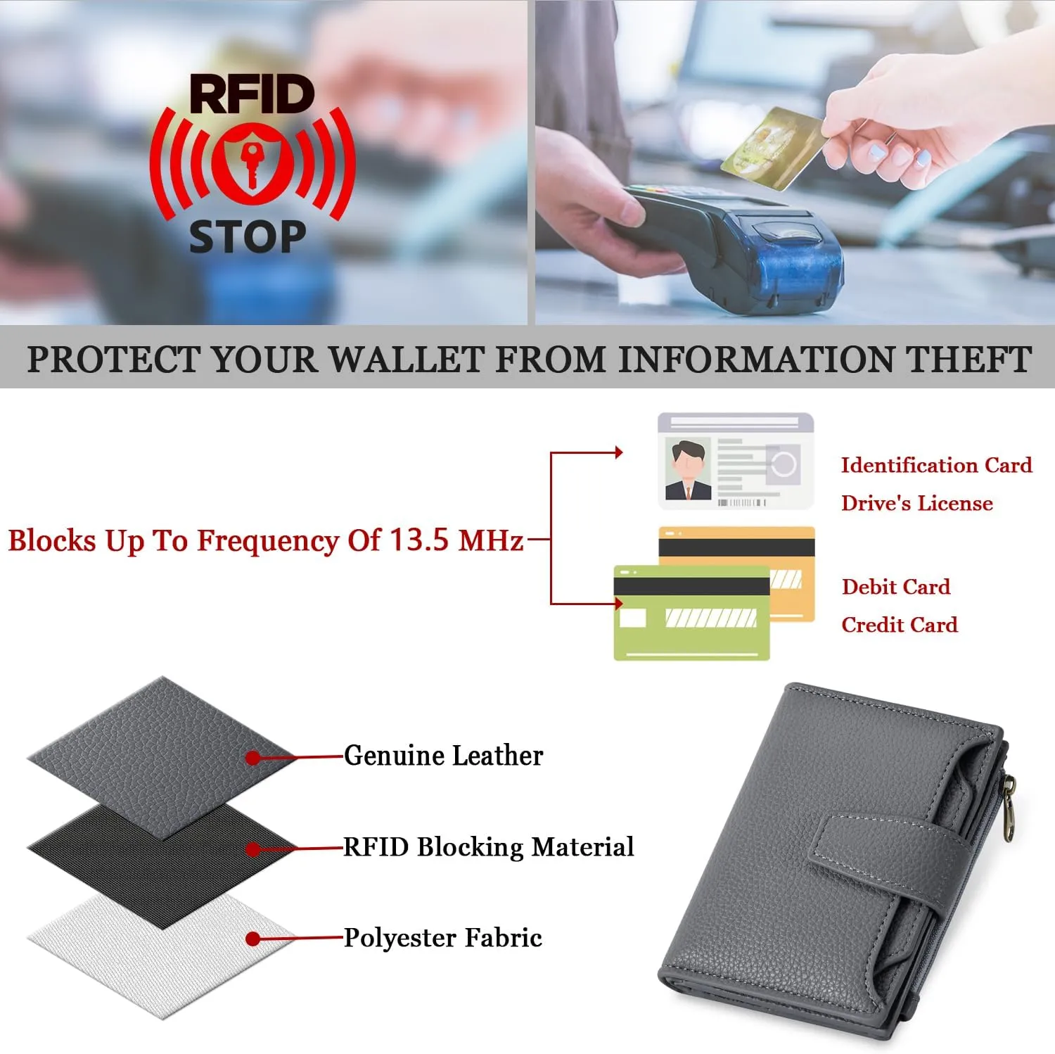 Small Wallet Women RFID Blocking Soft Leather Bifold Compact Card Holder Wallet for Women with Zipper Coin Pocket 4 ID Window