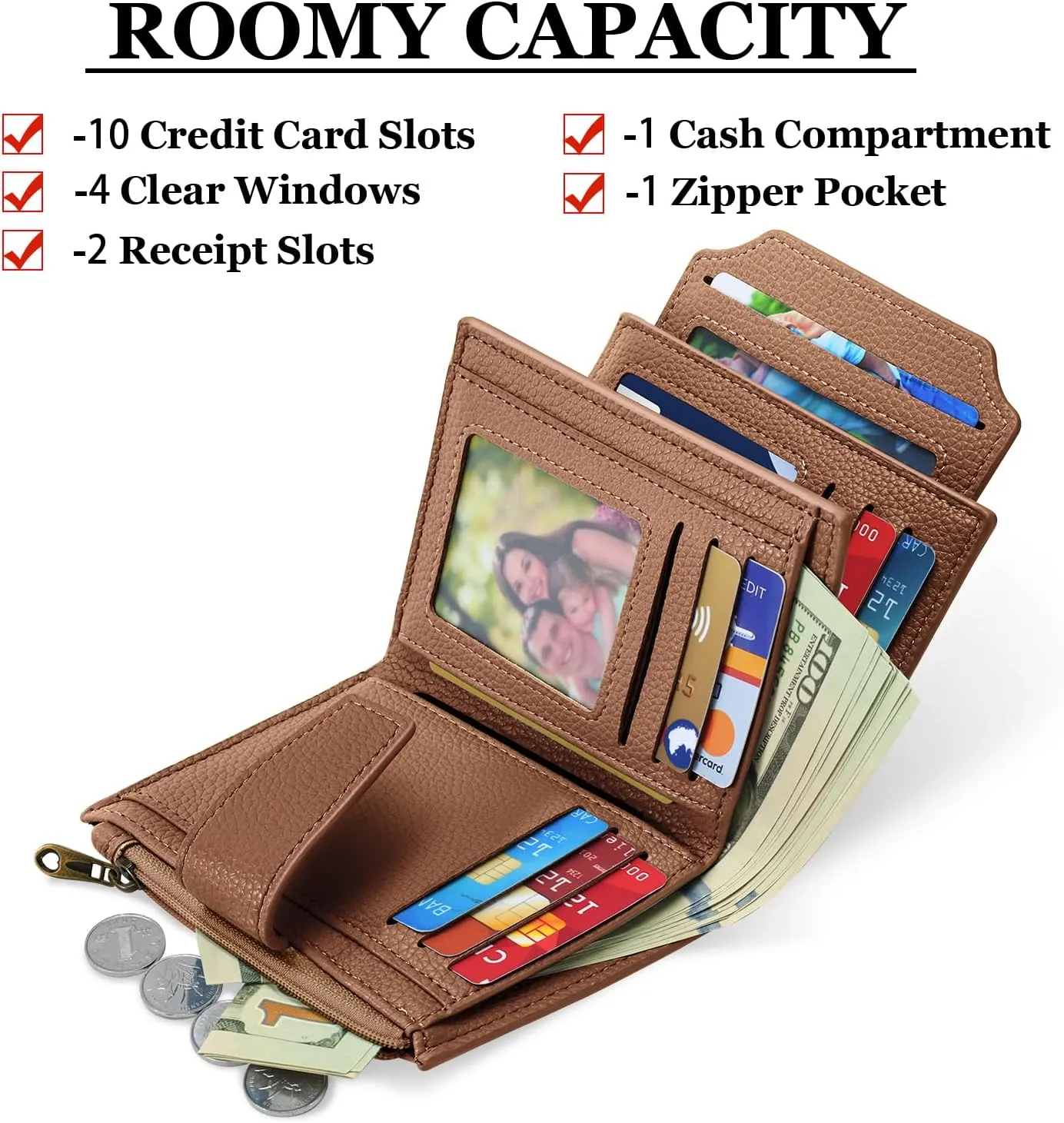Small Wallet Women RFID Blocking Soft Leather Bifold Compact Card Holder Wallet for Women with Zipper Coin Pocket 4 ID Window