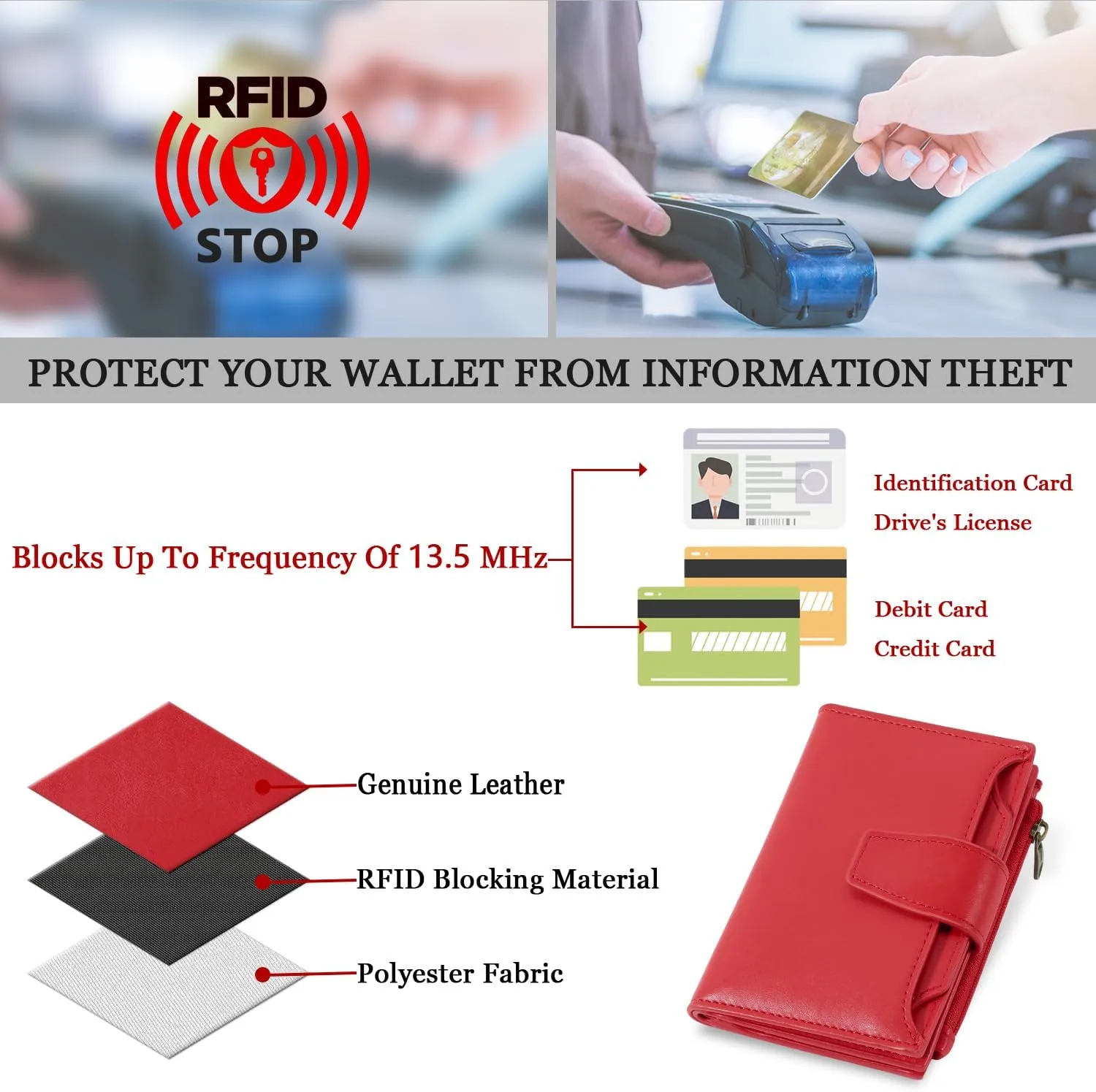 Small Wallet Women RFID Blocking Soft Leather Bifold Compact Card Holder Wallet for Women with Zipper Coin Pocket 4 ID Window