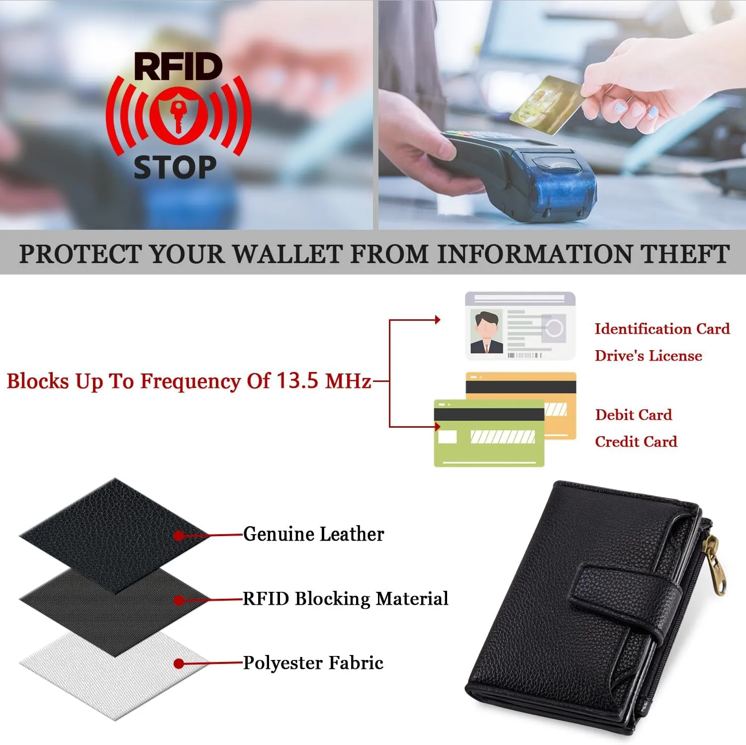 Small Wallet Women RFID Blocking Soft Leather Bifold Compact Card Holder Wallet for Women with Zipper Coin Pocket 4 ID Window