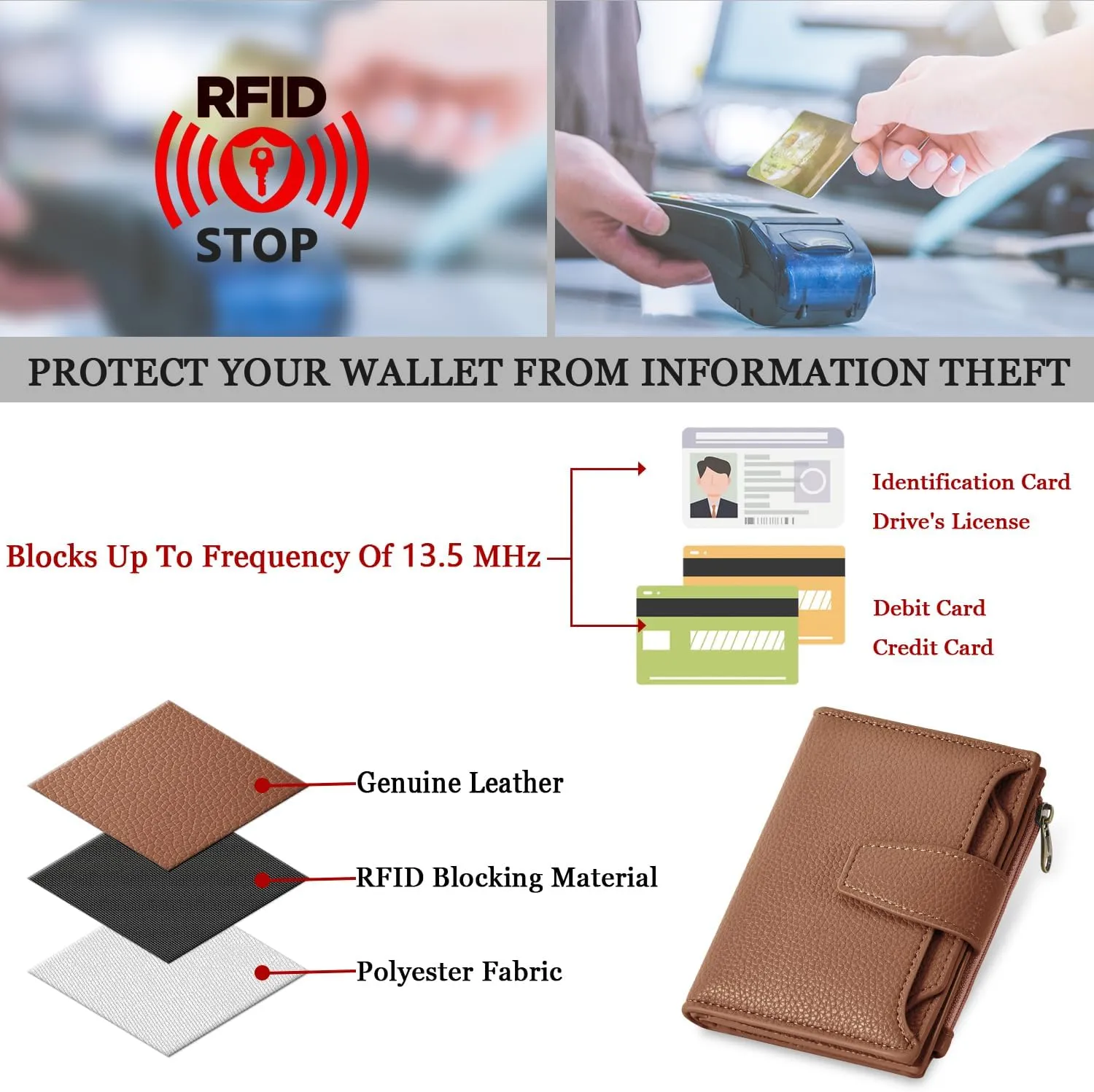 Small Wallet Women RFID Blocking Soft Leather Bifold Compact Card Holder Wallet for Women with Zipper Coin Pocket 4 ID Window