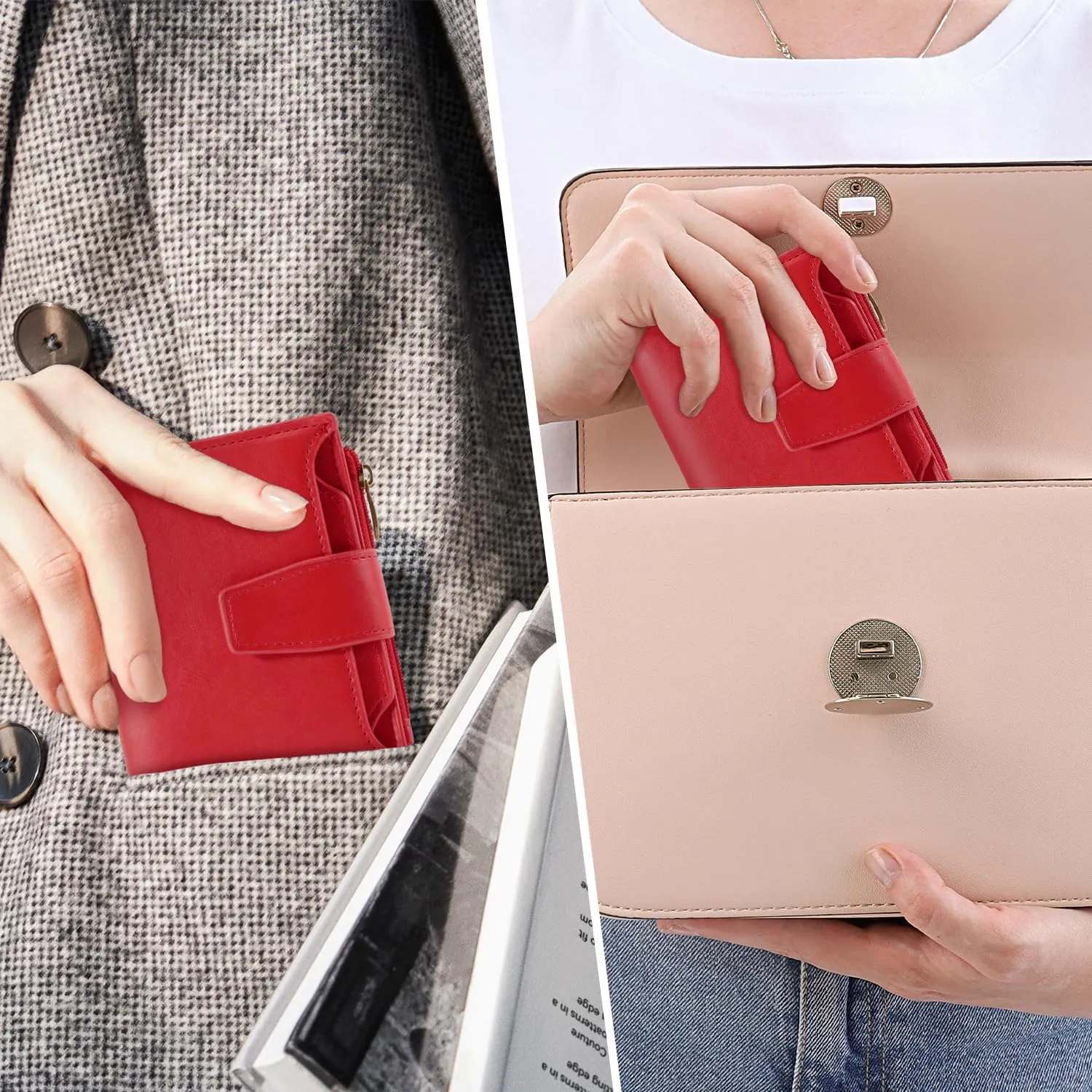 Small Wallet Women RFID Blocking Soft Leather Bifold Compact Card Holder Wallet for Women with Zipper Coin Pocket 4 ID Window