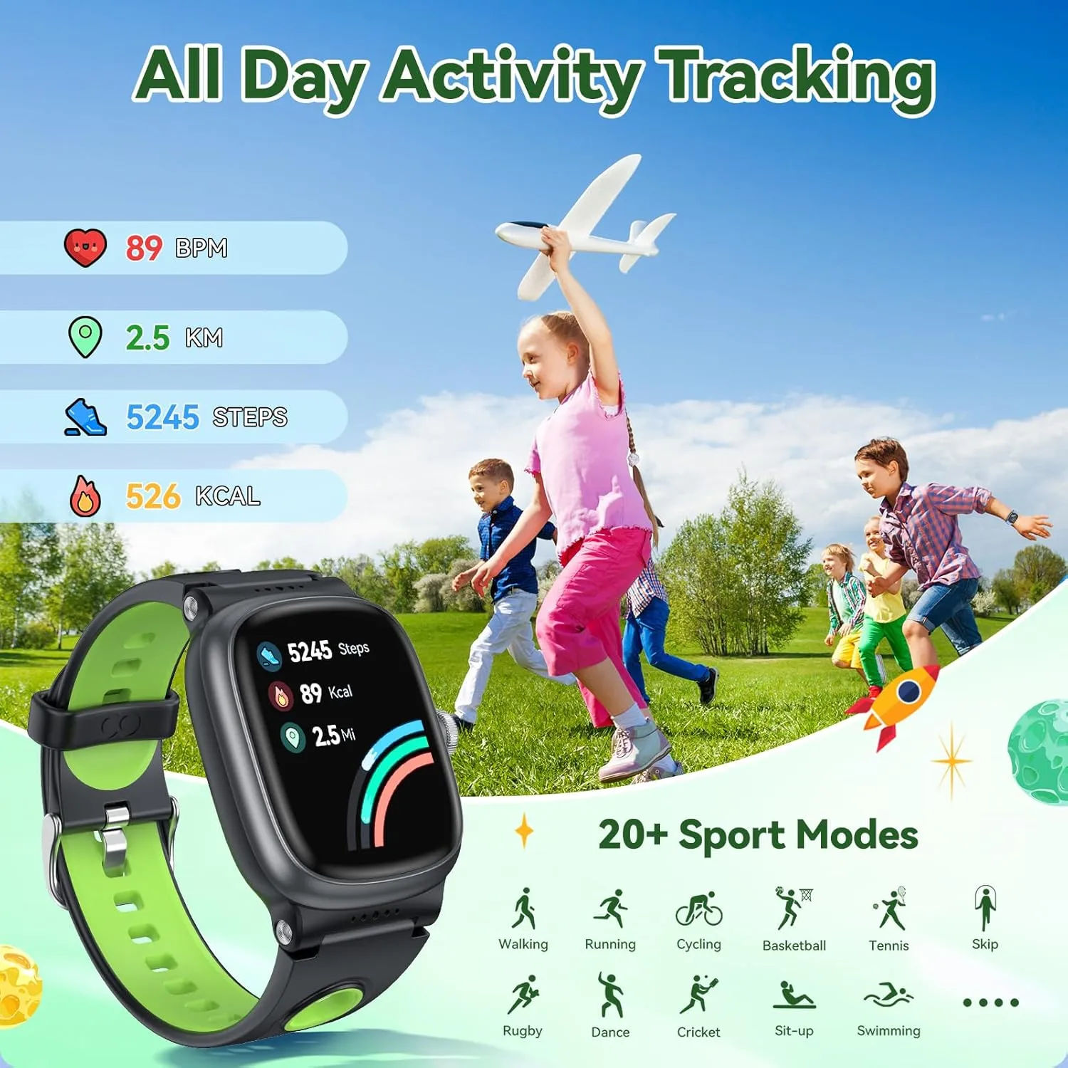 Smart Watch for Kids Boys Girls with Sleep | Health | Activity Tracker, Games, Alarm, IP68 Waterproof Kids Fitness Watch with Pedometer, Family Account, Toys Gifts for Kids Aged 4-16 (Green/Jet Black)