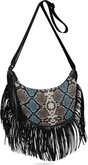 Snake Skin Animal Print Fringe Bag for Women Cross Body Bag Tassel Shoulder Bag Satchel