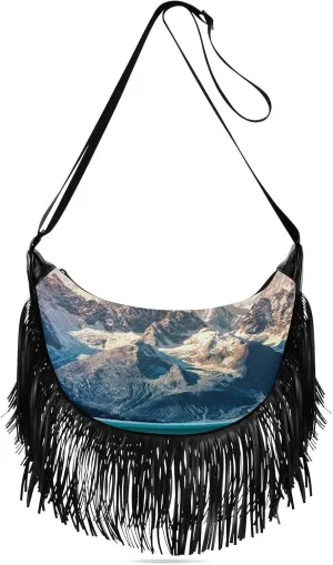 Snow Capped Mountains at Sunset Fringe Bag for Women Cross Body Bag Tassel Shoulder Bag Satchel