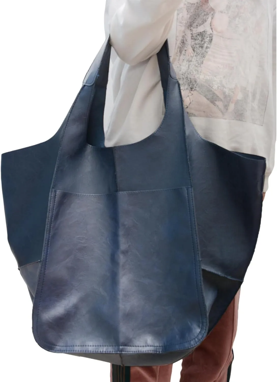Soft Leather Tote Bag for Women Extra Large Boho Bucket Handbag Oversized Purse Shoulder Bag for Working Traveling