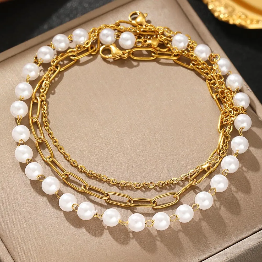 Sora Tuki Silver Ankle Bracelets for Women Gold Anklets for Women Waterproof Beach Jewelry Stainless Steel Pearl Paperclip Chain Cross Anklets Non Tarnish Summer Foot Jewelry