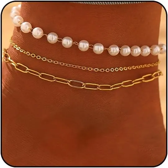 Sora Tuki Silver Ankle Bracelets for Women Gold Anklets for Women Waterproof Beach Jewelry Stainless Steel Pearl Paperclip Chain Cross Anklets Non Tarnish Summer Foot Jewelry