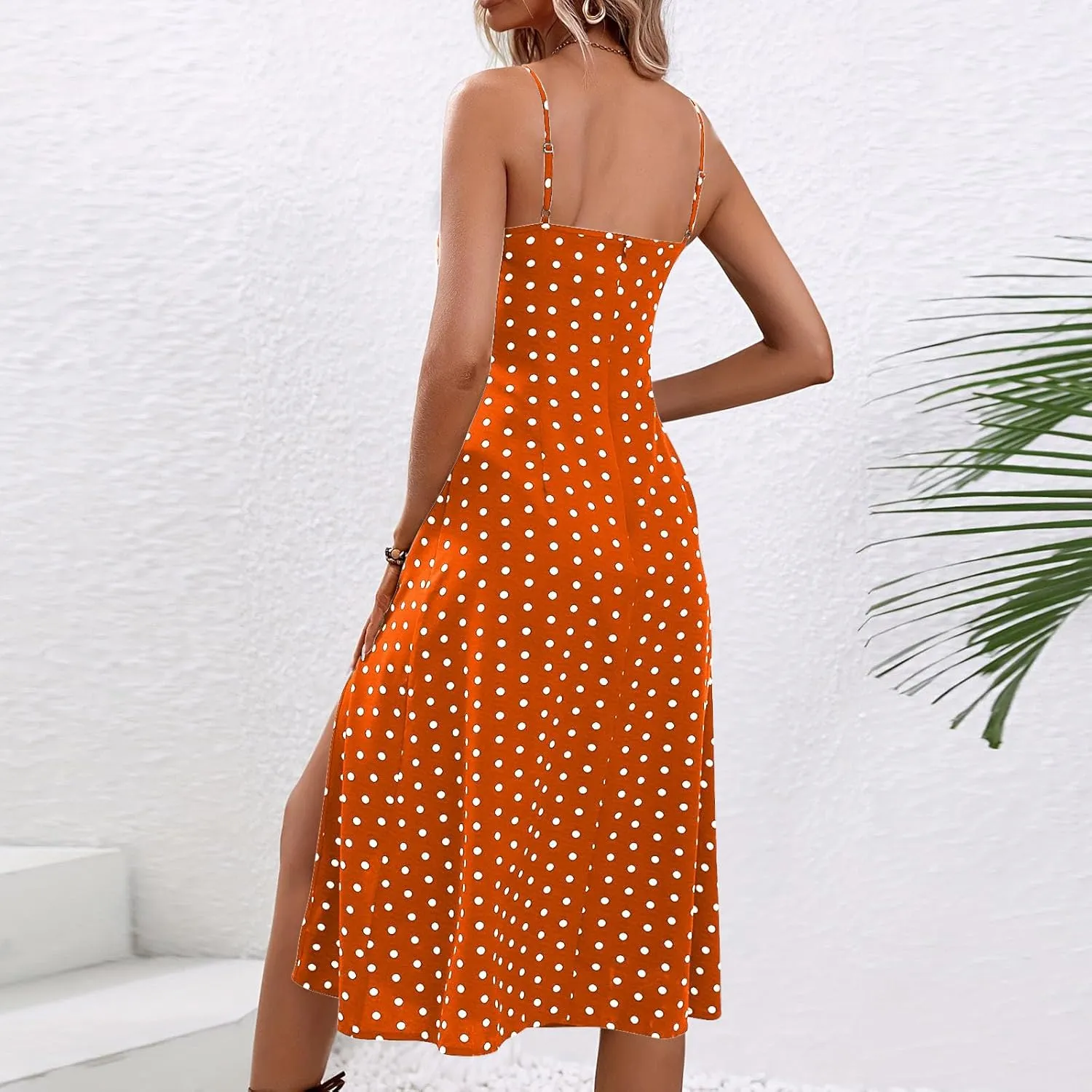 Spaghetti Strap Dresses for Women 2025 Polka Dot Midi Dress Sleeveless Slit Summer Sundress Beach Vacation Sexy Dress