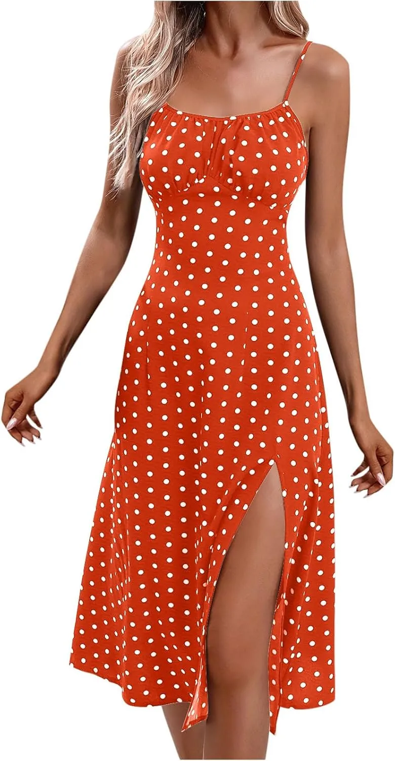 Spaghetti Strap Dresses for Women 2025 Polka Dot Midi Dress Sleeveless Slit Summer Sundress Beach Vacation Sexy Dress