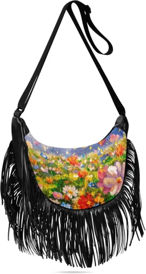 Spring Paintings Colored Flowers Fringe Bag for Women Cross Body Bag Tassel Shoulder Bag Satchel