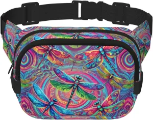 Square Abstract-Neon-Dragonflies Double-Layer Sport Fanny Pack Waist Pack Large Crossbody Waist Bag For Running Travel Walking