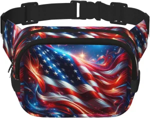 Square American-Flag-Stars-Flames Double-Layer Sport Fanny Pack Waist Pack Large Crossbody Waist Bag For Running Travel Walking