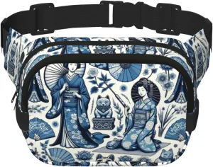 Square Asian-Japanese-Maneki-Geisha Double-Layer Sport Fanny Pack Waist Pack Large Crossbody Waist Bag For Running Travel Walking