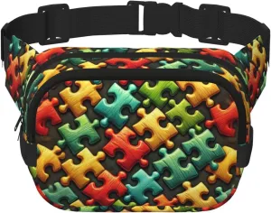 Square Autism-Awareness-Colorful-Puzzle Double-Layer Sport Fanny Pack Waist Pack Large Crossbody Waist Bag For Running Travel Walking