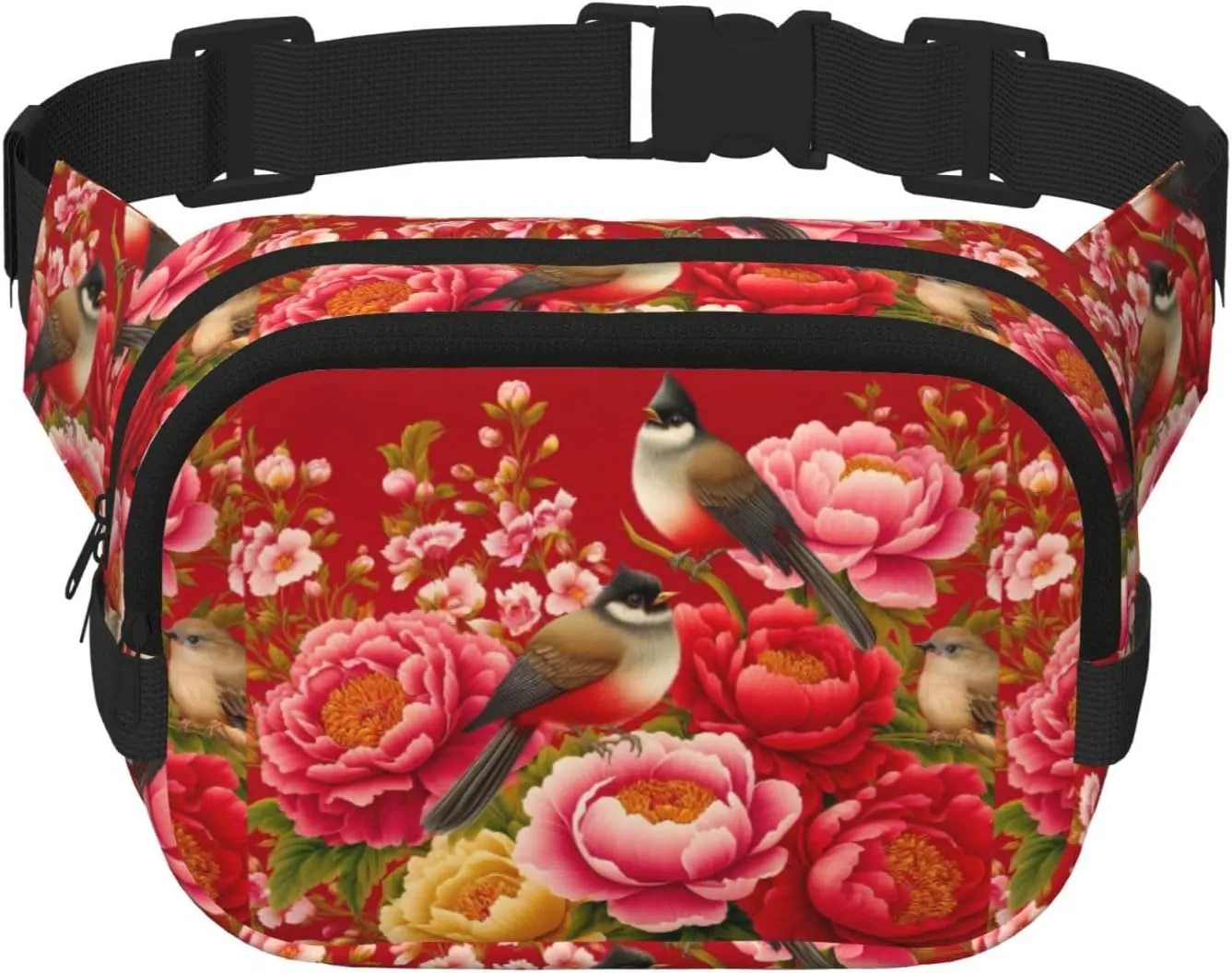 Square Chinese-Birds-Bulbuls-Peonies Double-Layer Sport Fanny Pack Waist Pack Large Crossbody Waist Bag For Running Travel Walking