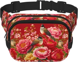 Square Chinese-Birds-Bulbuls-Peonies Double-Layer Sport Fanny Pack Waist Pack Large Crossbody Waist Bag For Running Travel Walking