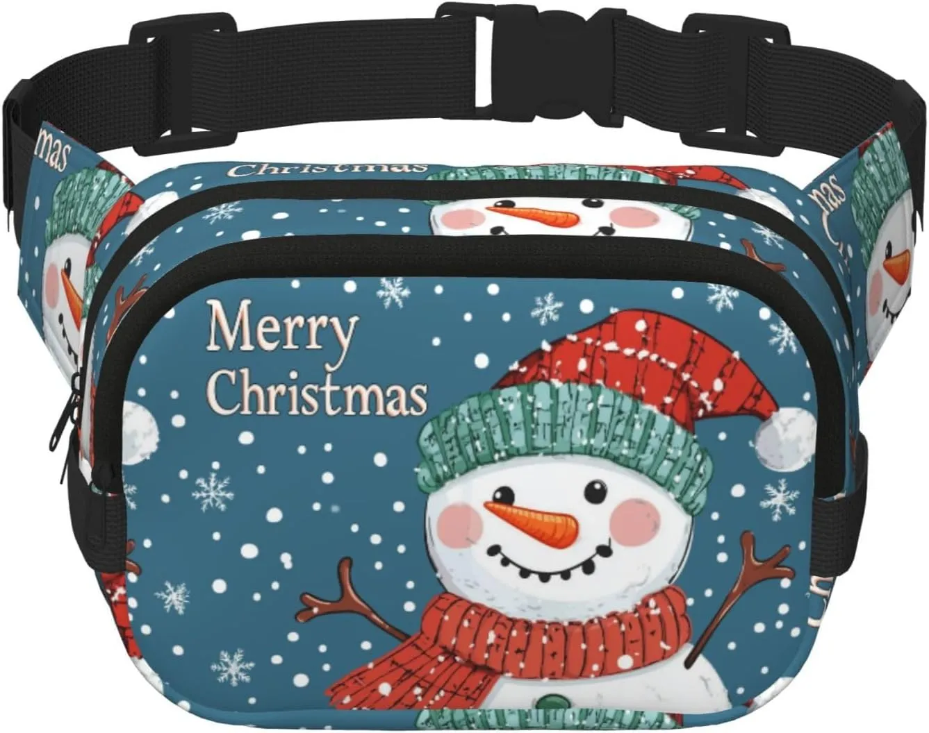 Square Christmas-Snowflakes-Snowman Double-Layer Sport Fanny Pack Waist Pack Large Crossbody Waist Bag For Running Travel Walking