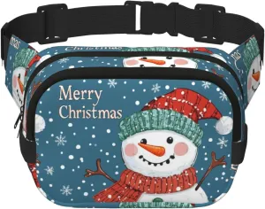 Square Christmas-Snowflakes-Snowman Double-Layer Sport Fanny Pack Waist Pack Large Crossbody Waist Bag For Running Travel Walking