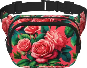 Square Clusters-Roses-Floral Double-Layer Sport Fanny Pack Waist Pack Large Crossbody Waist Bag For Running Travel Walking