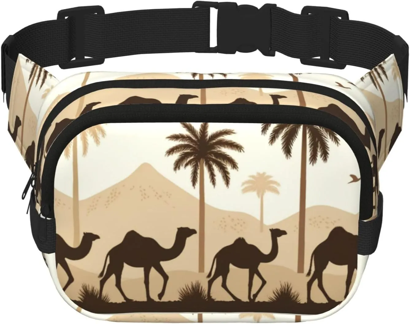 Square Desert-Palm-Trees-Camels Double-Layer Sport Fanny Pack Waist Pack Large Crossbody Waist Bag For Running Travel Walking