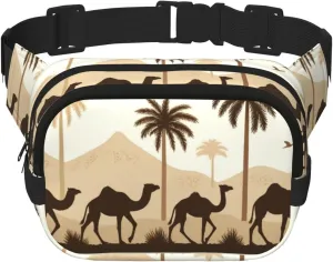 Square Desert-Palm-Trees-Camels Double-Layer Sport Fanny Pack Waist Pack Large Crossbody Waist Bag For Running Travel Walking