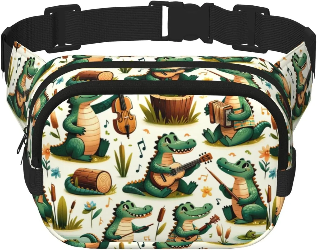 Square Gator-Music-Party Double-Layer Sport Fanny Pack Waist Pack Large Crossbody Waist Bag For Running Travel Walking