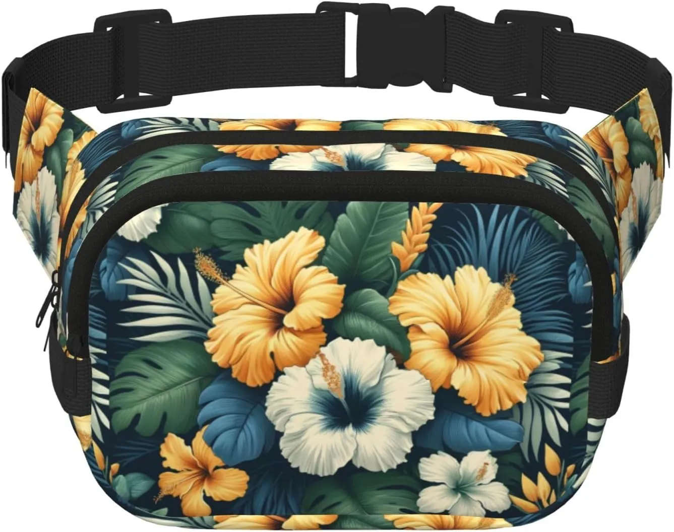 Square Hibiscus-Tropical-Flower Double-Layer Sport Fanny Pack Waist Pack Large Crossbody Waist Bag For Running Travel Walking