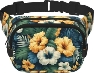 Square Hibiscus-Tropical-Flower Double-Layer Sport Fanny Pack Waist Pack Large Crossbody Waist Bag For Running Travel Walking