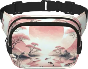 Square Japanese-Scene-Koi-Fish Double-Layer Sport Fanny Pack Waist Pack Large Crossbody Waist Bag For Running Travel Walking