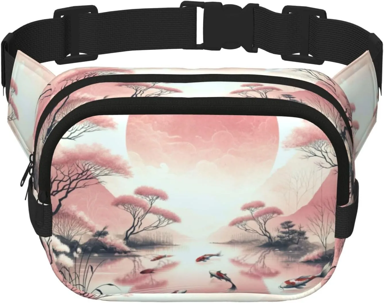Square Japanese-Scene-Koi-Fish Double-Layer Sport Fanny Pack Waist Pack Large Crossbody Waist Bag For Running Travel Walking