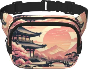 Square Japanese-Temple-Fuji-Sakura-Sunset Double-Layer Sport Fanny Pack Waist Pack Large Crossbody Waist Bag For Running Travel Walking