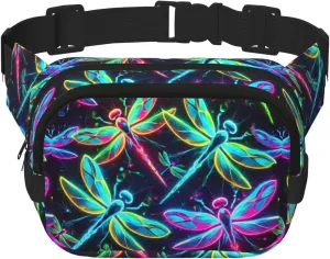 Square Neon-Dragonflies Double-Layer Sport Fanny Pack Waist Pack Large Crossbody Waist Bag For Running Travel Walking