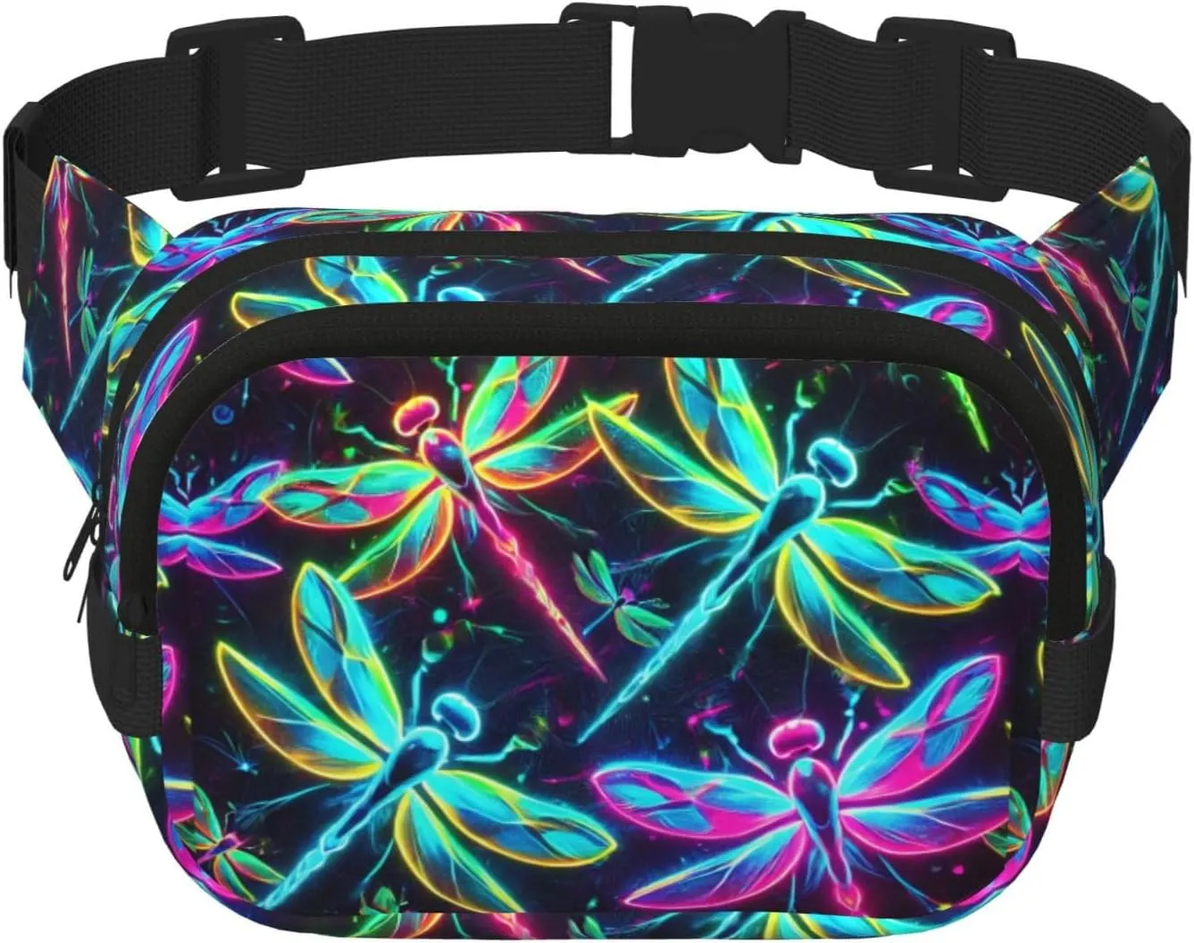 Square Neon-Dragonflies Double-Layer Sport Fanny Pack Waist Pack Large Crossbody Waist Bag For Running Travel Walking
