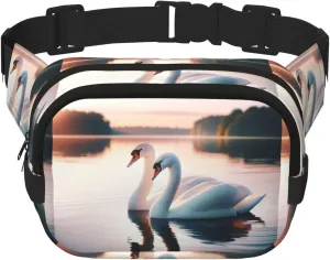 Square Romantic-Swans-Love Double-Layer Sport Fanny Pack Waist Pack Large Crossbody Waist Bag For Running Travel Walking