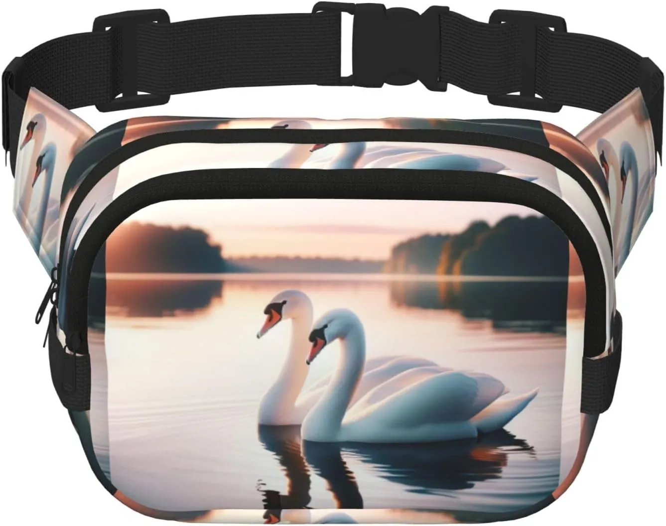 Square Romantic-Swans-Love Double-Layer Sport Fanny Pack Waist Pack Large Crossbody Waist Bag For Running Travel Walking