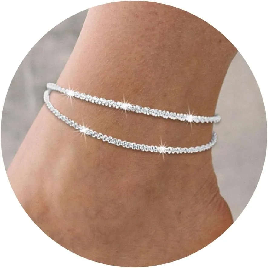 Sterling Silver Ankle Bracelets for Women,Gold Dainty Layered Waterproof Anklet for Women Adjustable, Womens Anklet Set Stackable Link Anklets Beach Jewelry for Women