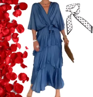 Stylish and Elegant Tiered Chiffon Maxi Dress,Summer Solid V Neck Batwing Sleeves Formal Evening Dresses for Women