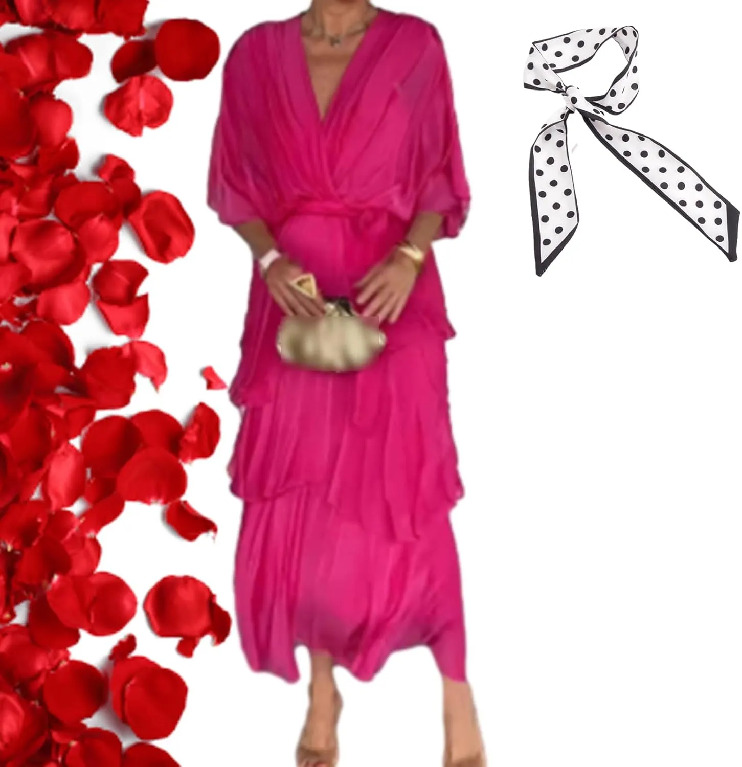 Stylish and Elegant Tiered Chiffon Maxi Dress,Summer Solid V Neck Batwing Sleeves Formal Evening Dresses for Women