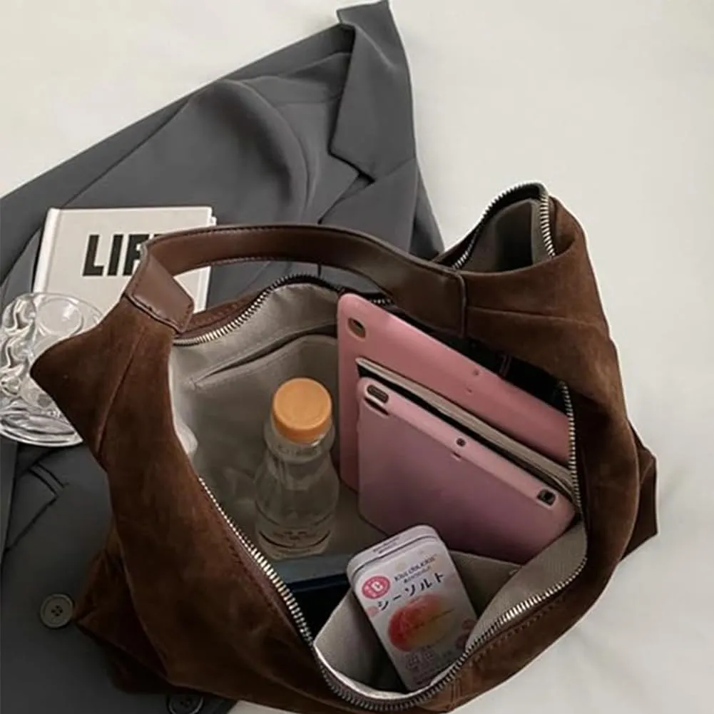 Suede Tote Bag for Women Brown Suede Hobo Bag leather Suede Slouchy Shoulder Handbag Fashion Retro Purse Satchel