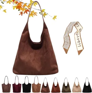 Suede Tote Bag for Women Brown Suede Hobo Bag leather Suede Slouchy Shoulder Handbag Fashion Retro Purse Satchel