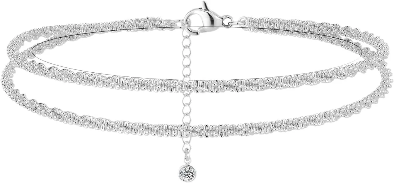 Summer Beach Anklets  Layered Waterproof Set with Adjustable Beaded Links, Layered Adjustable Anklets With Rhinestone, Women Jewelry Gift for Beach