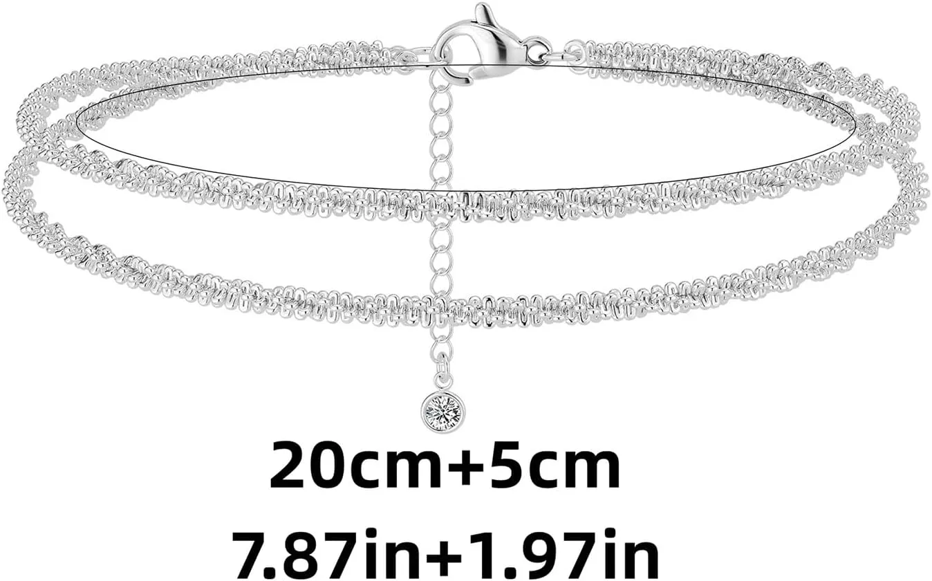 Summer Beach Anklets  Layered Waterproof Set with Adjustable Beaded Links, Layered Adjustable Anklets With Rhinestone, Women Jewelry Gift for Beach