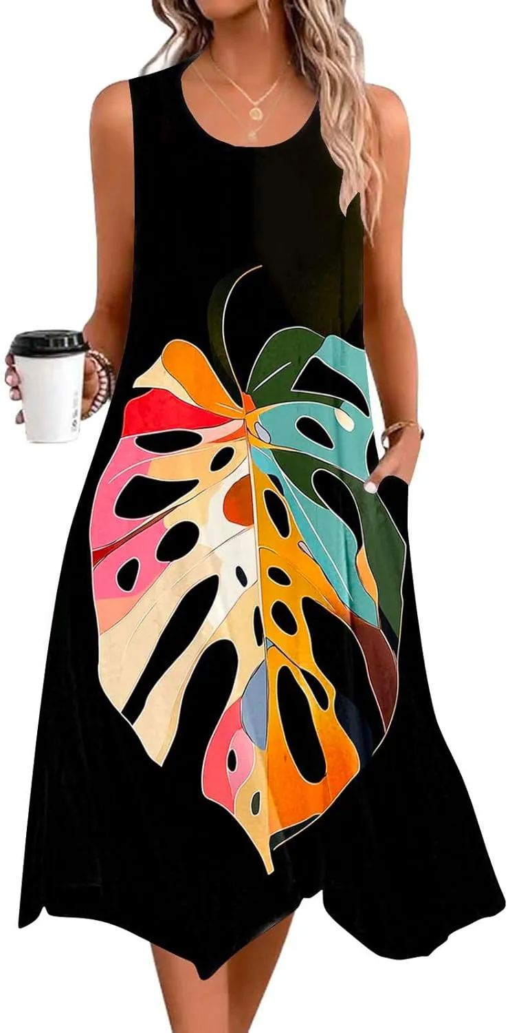 Summer Beach Dresses for Women 2025 Boho Floral Midi Tank Dress Sleeveless Flowy Sundress Resort Wear Vacation Outfits